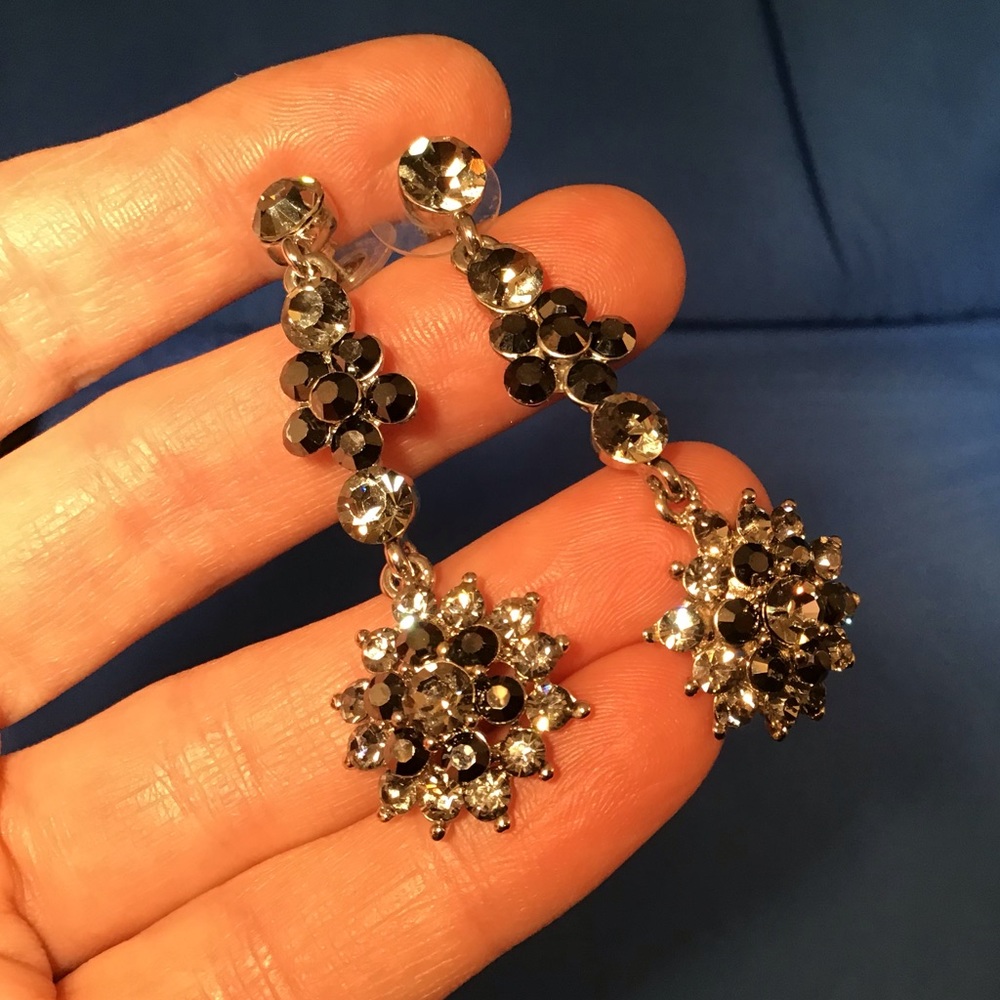 Statement earrings, black & clear CZ stones, EUC